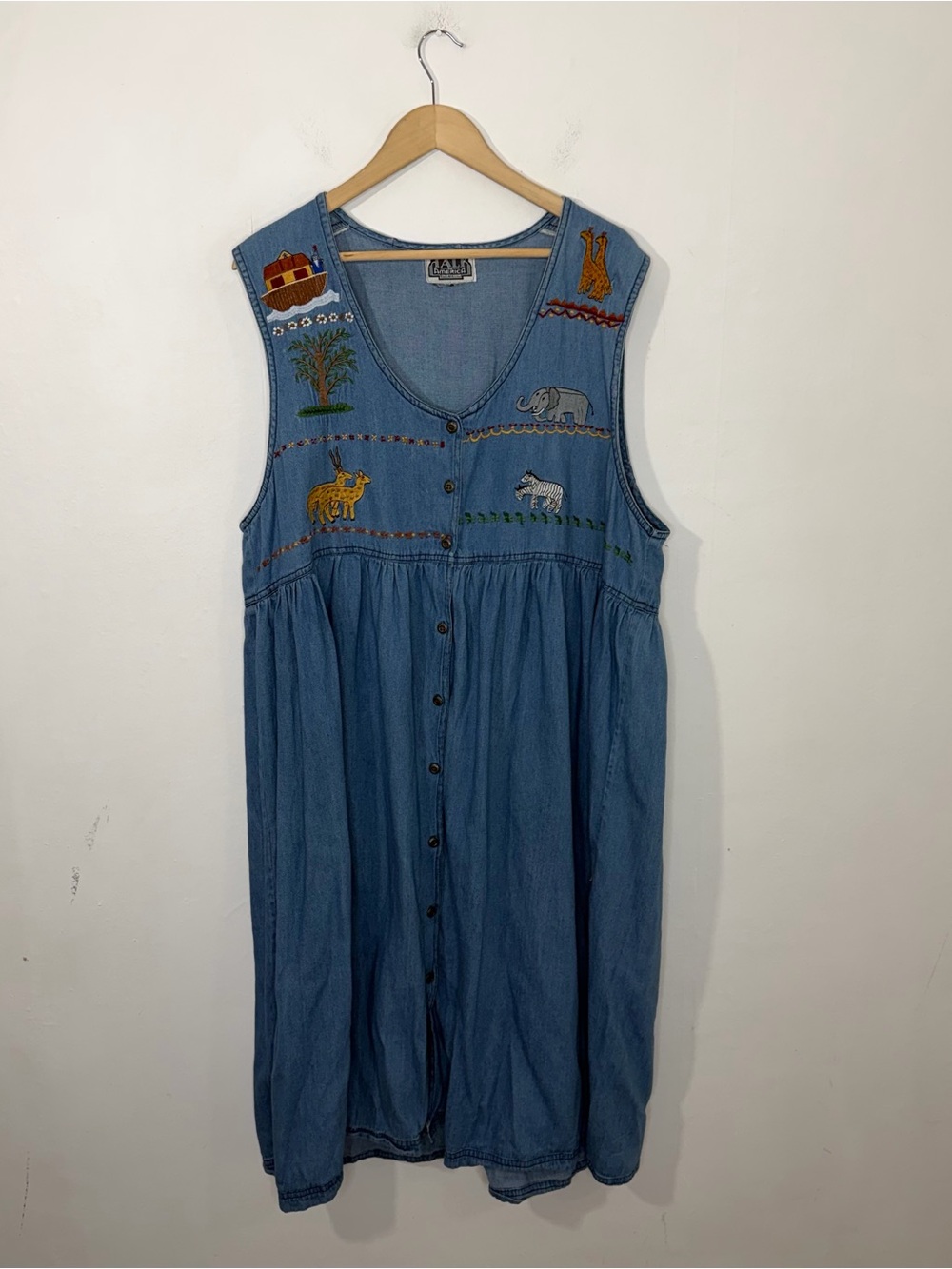 Vintage Talk America Embroidered Noah's Ark Animals Folk Denim Dress Size XXL